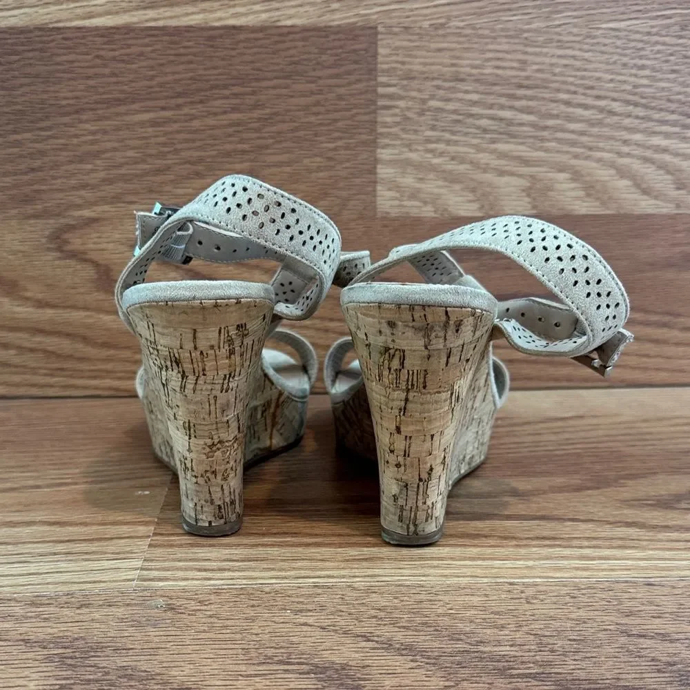 Charles by Charles David Cork Wedge Sandals Ankle Strap Beige Platform Heels 7.5